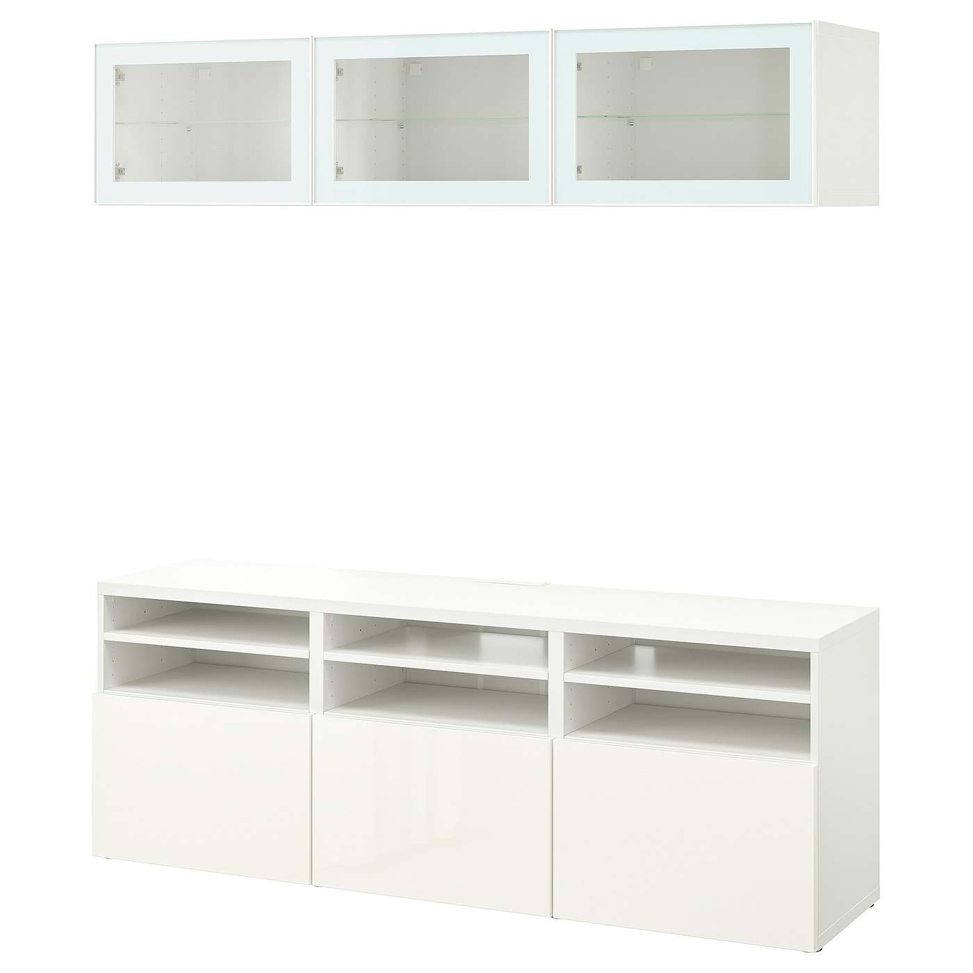 IKEA BESTÅ kombinacja na TV/szklane drzwi, biały/Selsviken wysoki połysk biały szkło bezbarwne, 180x42x192 cm