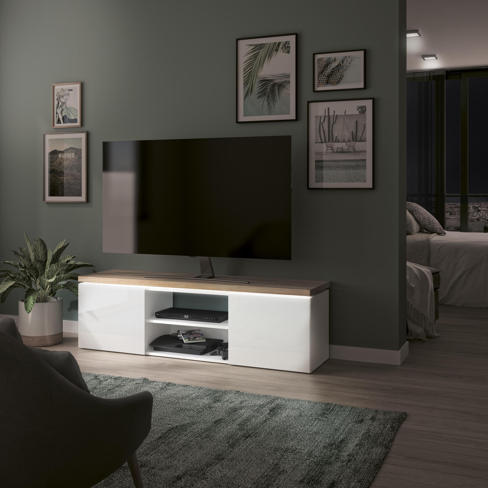 Stolik pod telewizor w stylu skandynawskim Mike z oświetleniem LED