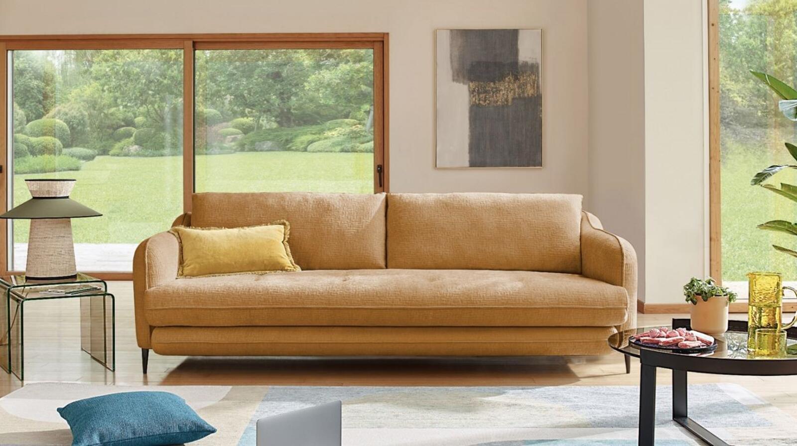 Tapicerowana sofa rozkładana Jade ochra pojedyncza