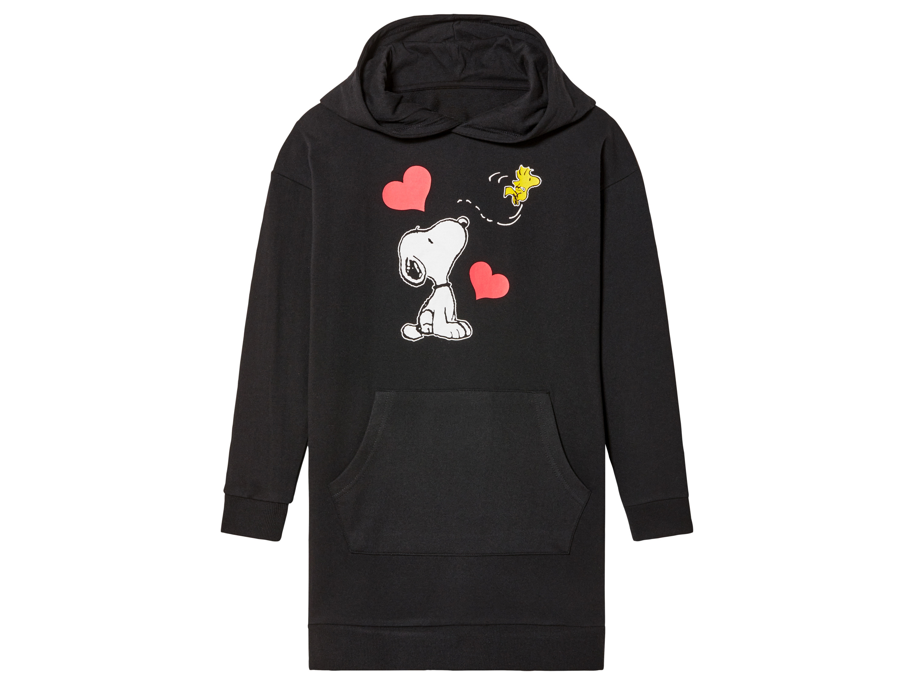 Sukienka dresowa dziewczęca z kapturem, z postaciami z bajek Snoopy czarny, 146/152