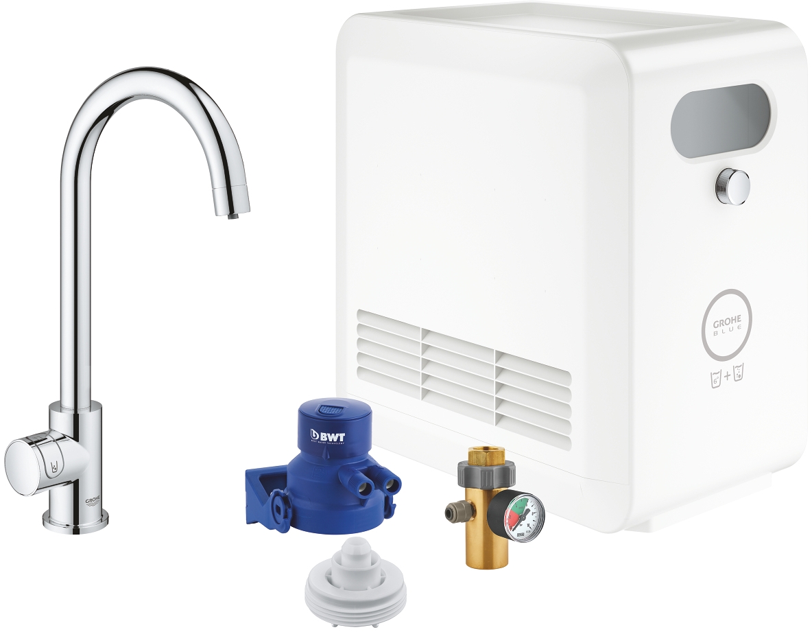 Darmowa Dostawa - Zestaw startowy z baterią kuchenną stojąca starlight chrome Grohe Blue 31302002