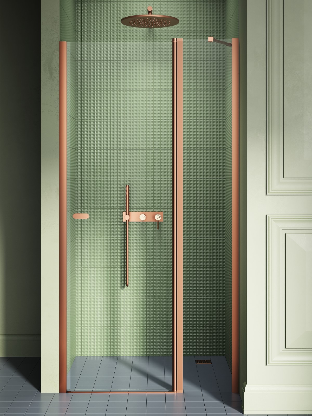 Darmowa Dostawa - Drzwi prysznicowe 90 cm uchylne miedź szczotkowany/szkło przezroczyste New Trendy New Soleo Copper Brushed D0521A