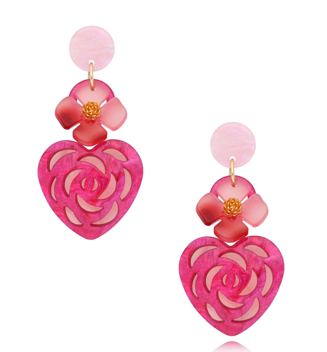 Kolczyki fuksjowe z sercami i kwiatkami Heart & FLower KZA0257 - By Dziubeka