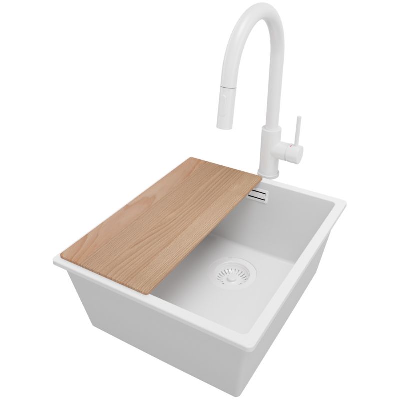 Zlewozmywak Granitowy Londyn Slim PRIMAGRAN Nablatowy 41x47cm do szafki od 45cm z Syfonem i Baterią i Dodatkiem Cały Biały 1 szt.