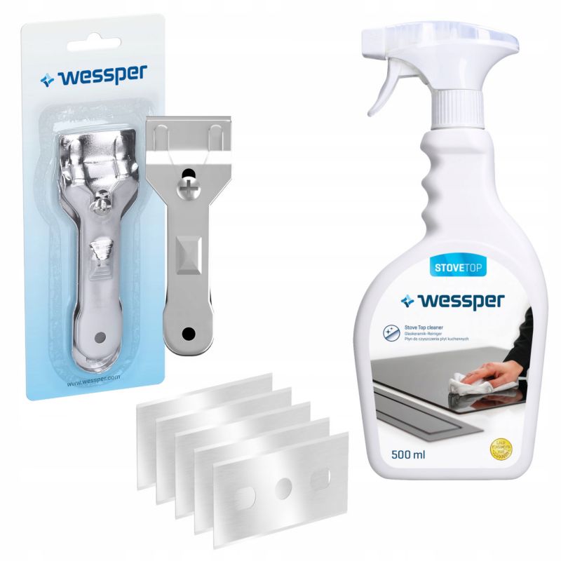 Zestaw do czyszczenia płyt indukcyjnych, Wessper, spray 500ml, skrobak, ostrza wymienne,