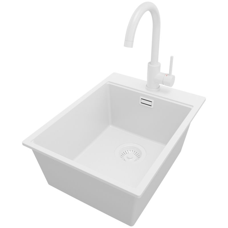 Zlewozmywak Granitowy Oslo PRIMAGRAN Nablatowy 38x50cm do szafki od 40cm z Syfonem i Baterią Cały Biały 1 szt.