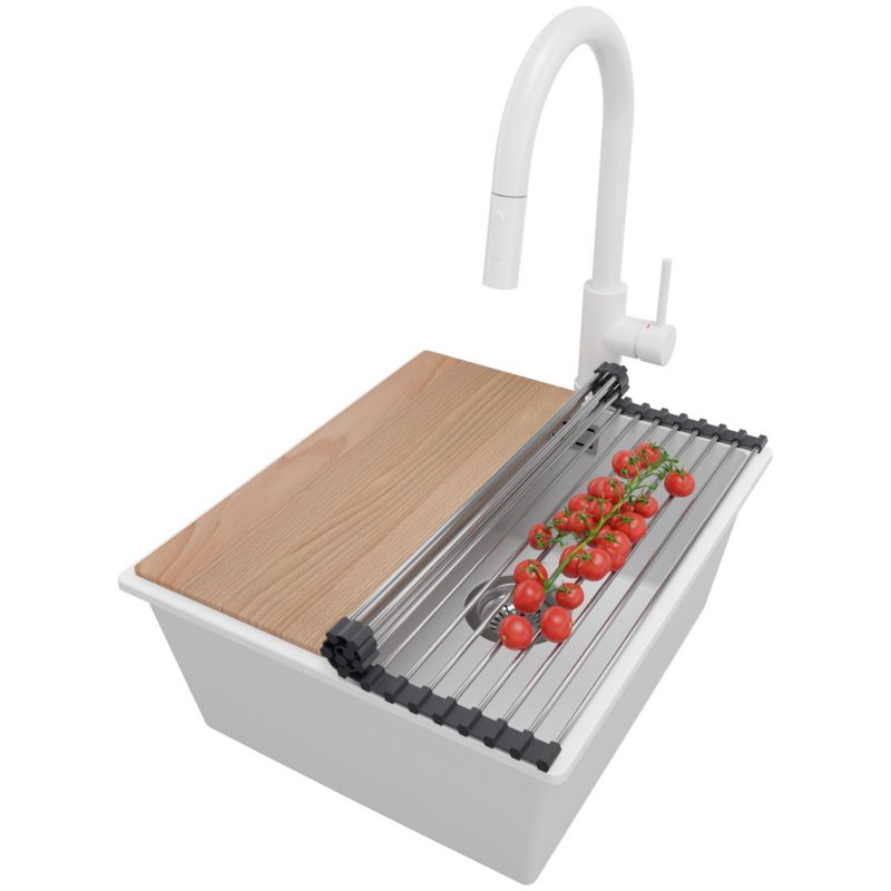 Zlewozmywak Granitowy Londyn Slim PRIMAGRAN Nablatowy 41x47cm do szafki od 45cm z Syfonem i Baterią i Dodatkiem Biały 1 szt.
