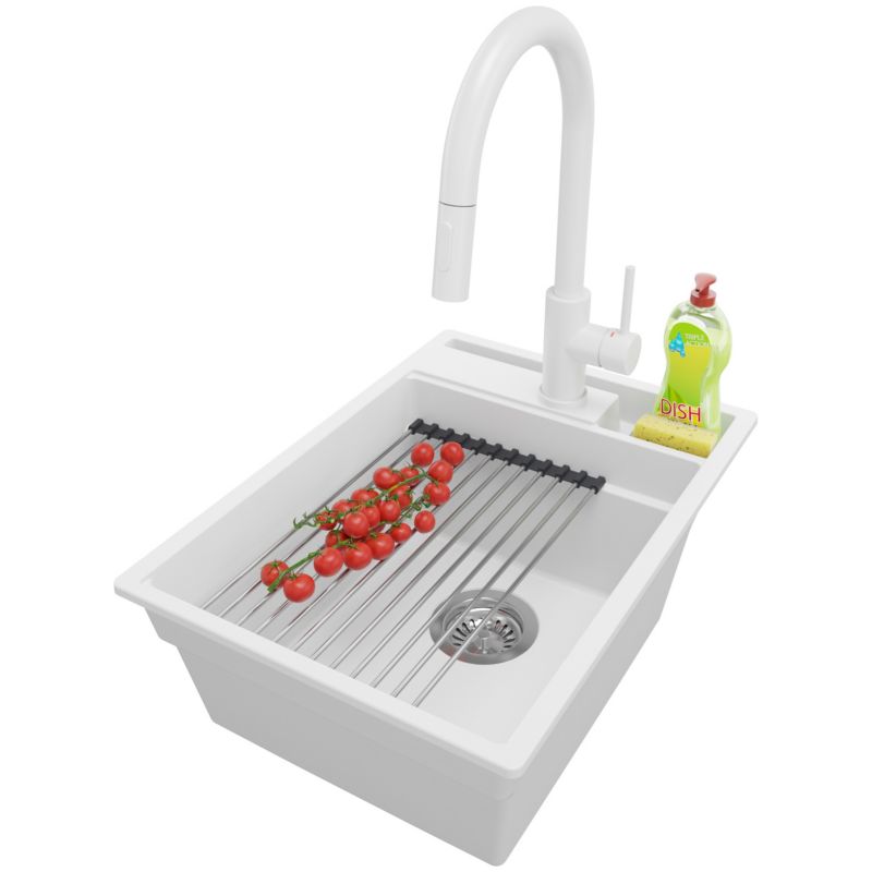 Zlewozmywak Granitowy Oslo Pocket PRIMAGRAN Nablatowy 38x53cm do szafki od 40cm z Syfonem i Baterią i Dodatkiem Biały 1 szt.