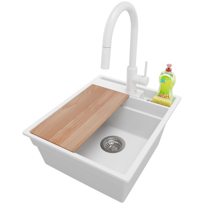 Zlewozmywak Granitowy Oslo Pocket PRIMAGRAN Nablatowy 43x53cm do szafki od 45cm z Syfonem i Baterią i Dodatkiem Biały 1 szt.