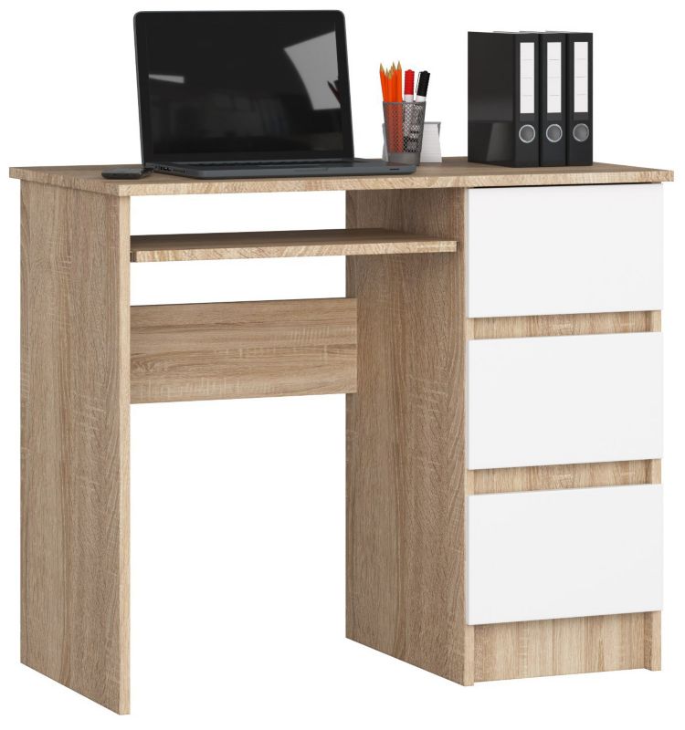 Biurko komputerowe Akord A6 Dąb Sonoma 90 cm prawe 3 szuflady kolor Biały mat 1 półka 90x50x77 cm 1 szt.
