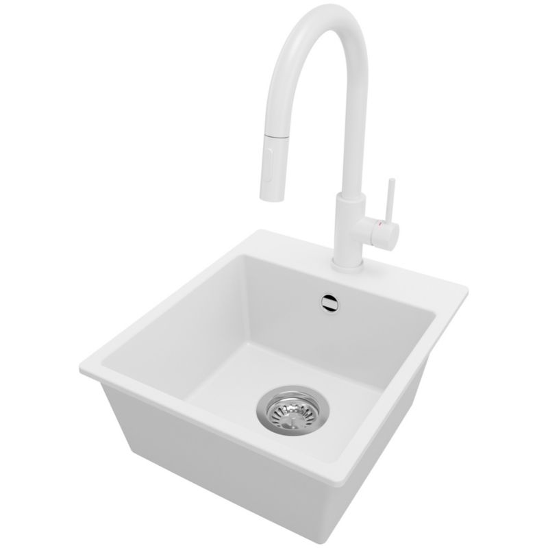 Zlewozmywak Granitowy Ryga Easy PRIMAGRAN Nablatowy 38x44cm do szafki od 40cm z Syfonem i Baterią Biały 1 szt.