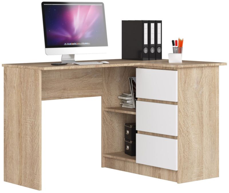 Biurko narożne Akord B16 Dąb Sonoma 124 cm prawe 3 szuflady kolor Biały mat 2 półki 124x85x77 cm 1 szt.
