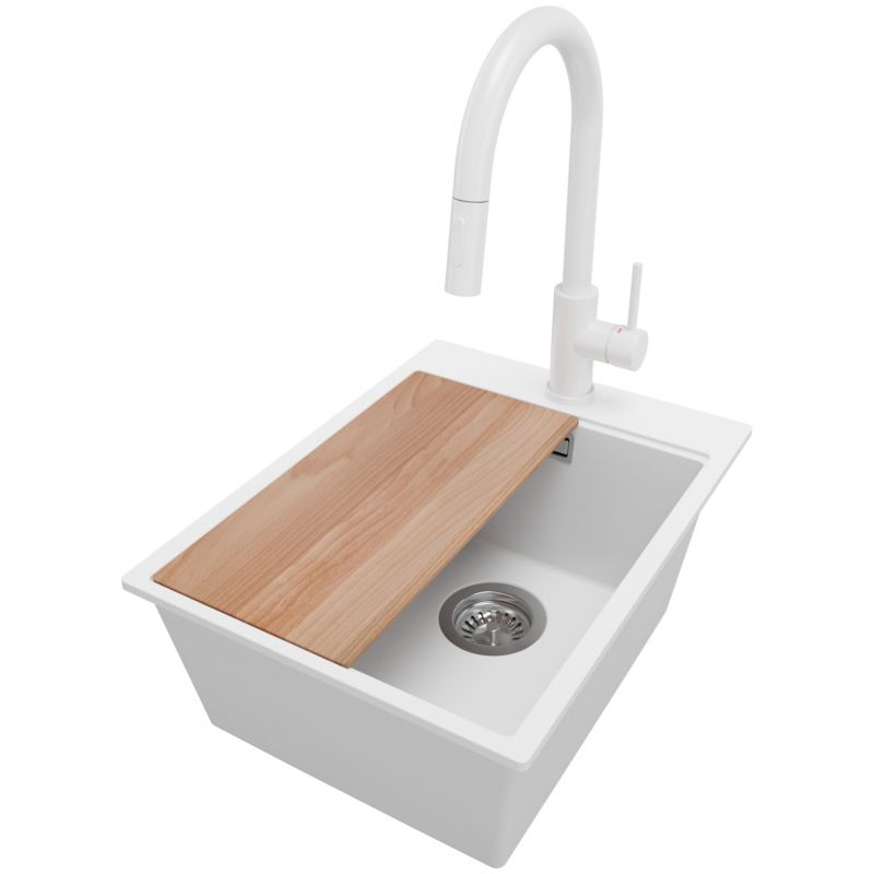 Zlewozmywak Granitowy Oslo PRIMAGRAN Nablatowy 38x50cm do szafki od 40cm z Syfonem i Baterią i Dodatkiem Biały 1 szt.
