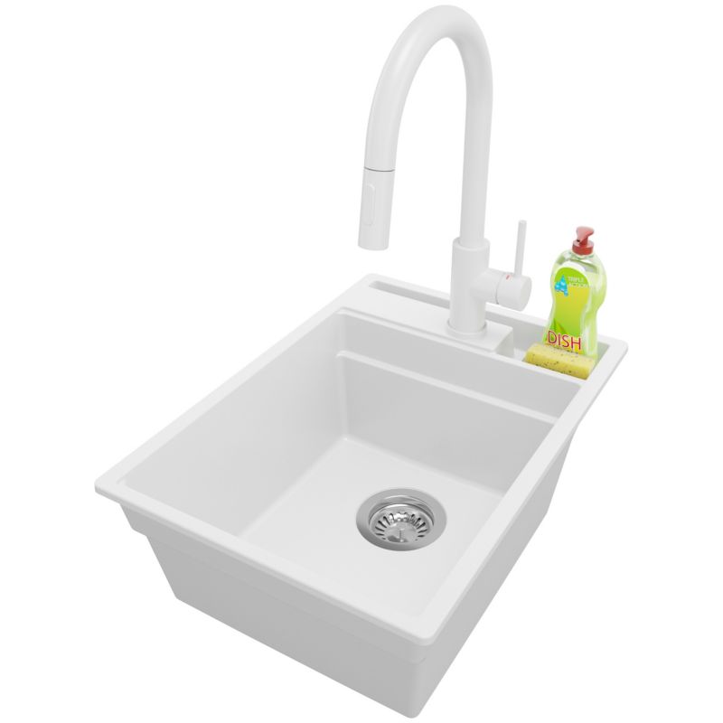 Zlewozmywak Granitowy Oslo Pocket PRIMAGRAN Nablatowy 38x53cm do szafki od 40cm z Syfonem i Baterią Biały 1 szt.
