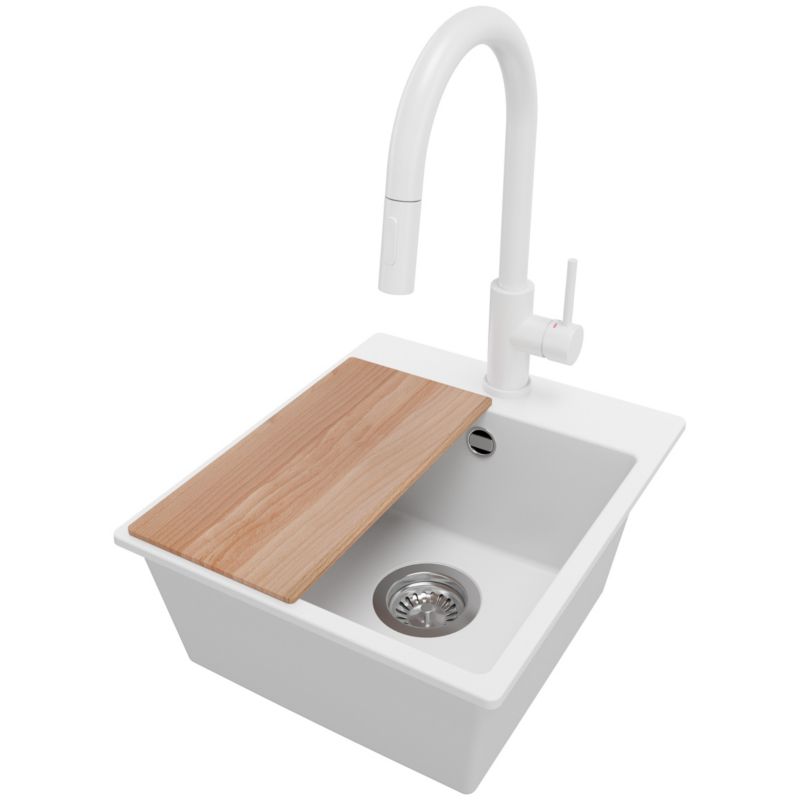 Zlewozmywak Granitowy Ryga Easy PRIMAGRAN Nablatowy 38x44cm do szafki od 40cm z Syfonem i Baterią i Dodatkiem Biały 1 szt.
