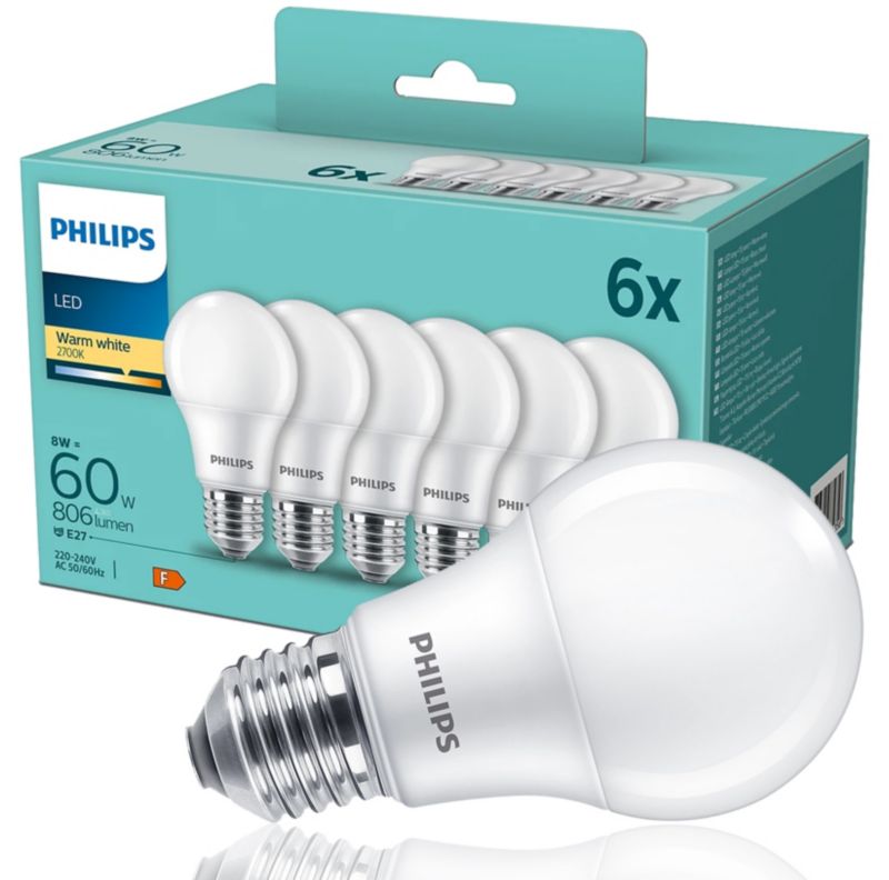 Zestaw 6x Żarówka LED Philips E27 8W -60W 2700K ciepła 806lm A60 1 op.