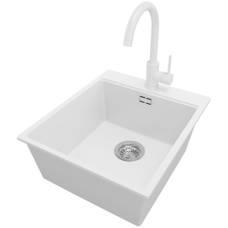 Zlewozmywak Granitowy Oslo PRIMAGRAN Nablatowy 43x50cm do szafki od 45cm z Syfonem i Baterią Biały 1 szt.
