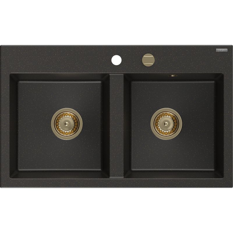 Zlewozmywak granitowy Mexen Hektor 2-komorowy czarno-złoty 800x480 mm 1 szt.