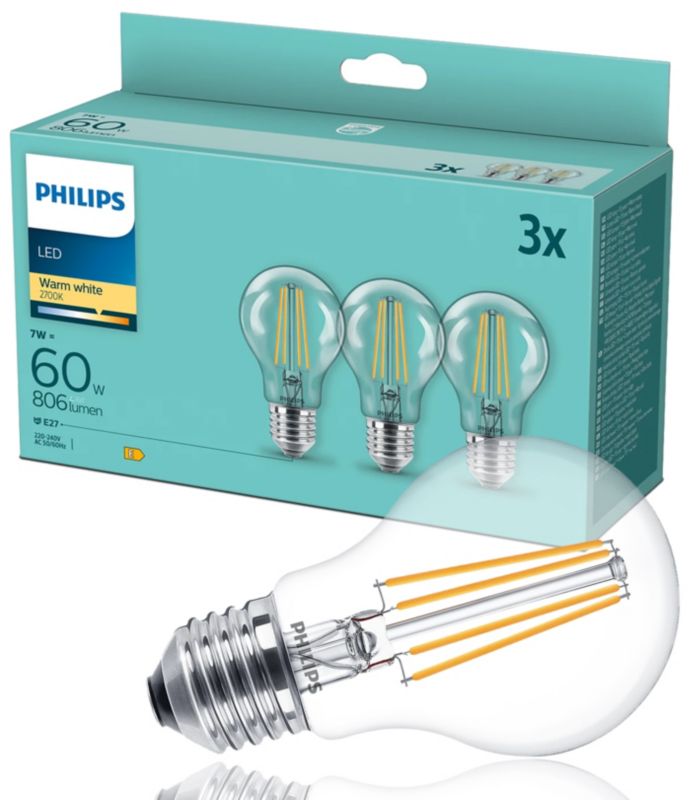 Zestaw 3x żarówka LED Philips classic 60W A60 E27 WW CL ND3PFDisc 1op.