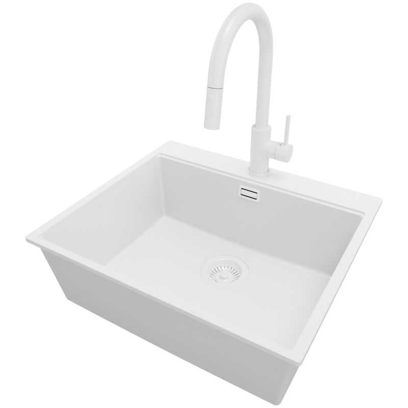 Zlewozmywak Granitowy Oslo PRIMAGRAN Nablatowy 58x50cm do szafki od 60cm z Syfonem i Baterią Cały Biały 1 szt.
