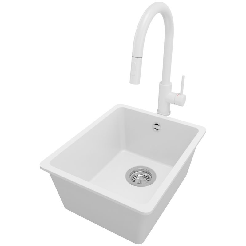 Zlewozmywak Granitowy Wenecja Slim Easy PRIMAGRAN Nablatowy 36x44cm do szafki od 40cm z Syfonem i Baterią Biały 1 szt.