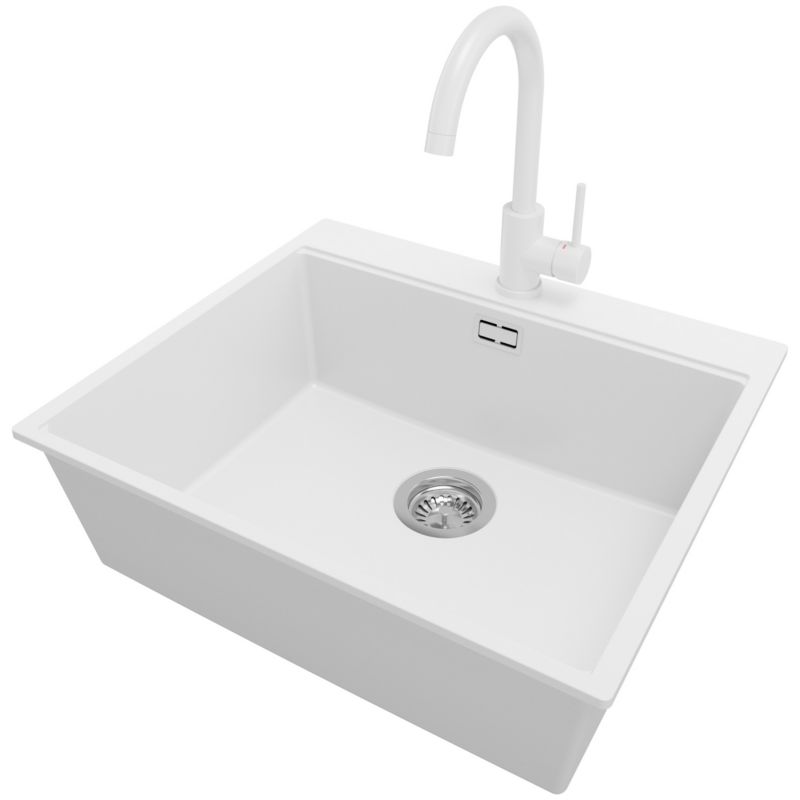 Zlewozmywak Granitowy Oslo PRIMAGRAN Nablatowy 58x50cm do szafki od 60cm z Syfonem i Baterią Biały 1 szt.