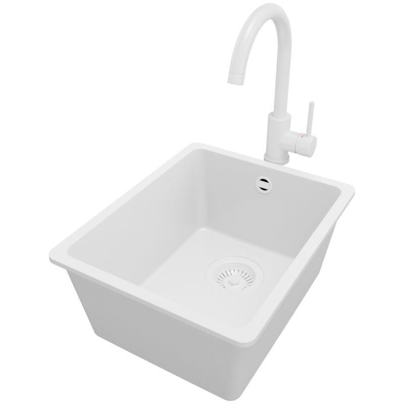 Zlewozmywak Granitowy Wenecja Slim Easy PRIMAGRAN Nablatowy 36x44cm do szafki od 40cm z Syfonem i Baterią Cały Biały 1 szt.