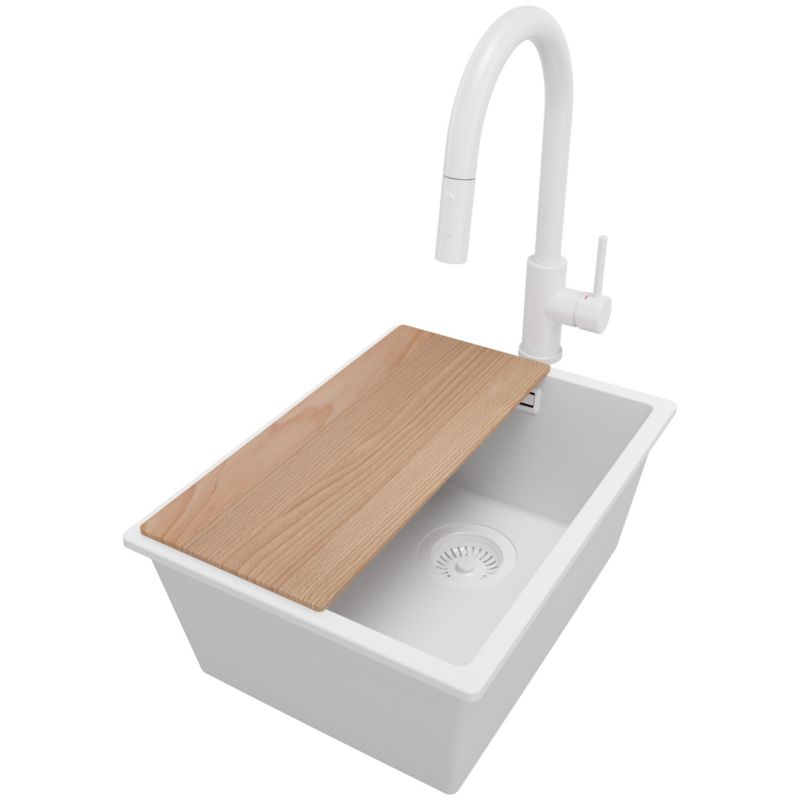 Zlewozmywak Granitowy Londyn Slim PRIMAGRAN Nablatowy 36x47cm do szafki od 40cm z Syfonem i Baterią i Dodatkiem Cały Biały 1 szt.