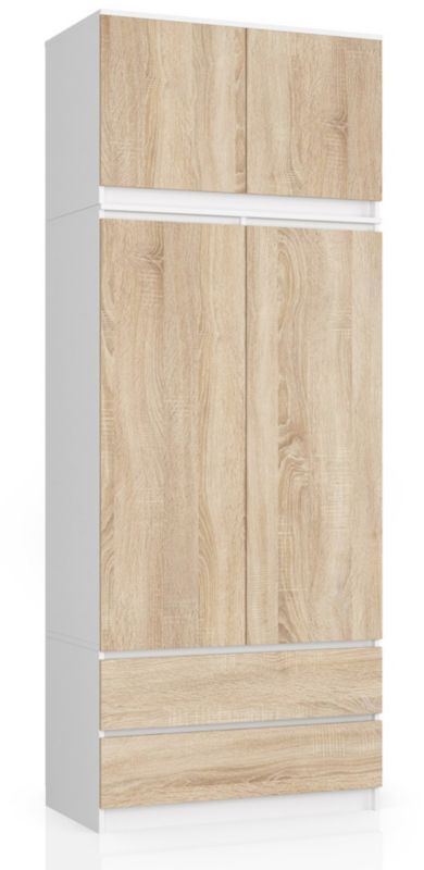 Szafa Akord S90 z nadstawką Biała 90 cm 2 drzwi 2 szuflady kolor Dąb Sonoma mat 6 półek 90x51x234 cm 1 szt.