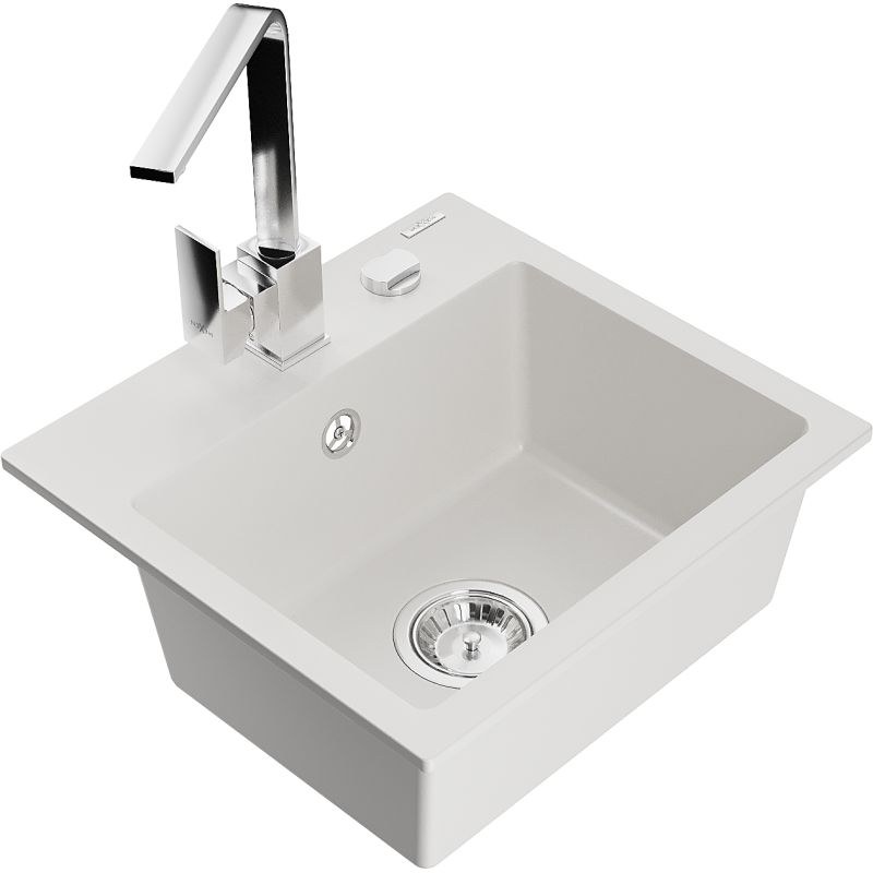 Zlewozmywak granitowy 1-komorowy Mexen Milo z baterią kuchenną Rita biały 6505-20-670300-00 1 szt.