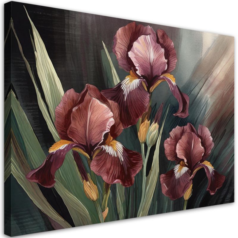 Obraz do salonu sypialni Feeby Irysy Kwiaty Rośliny Czerwony 100x70 cm 1szt