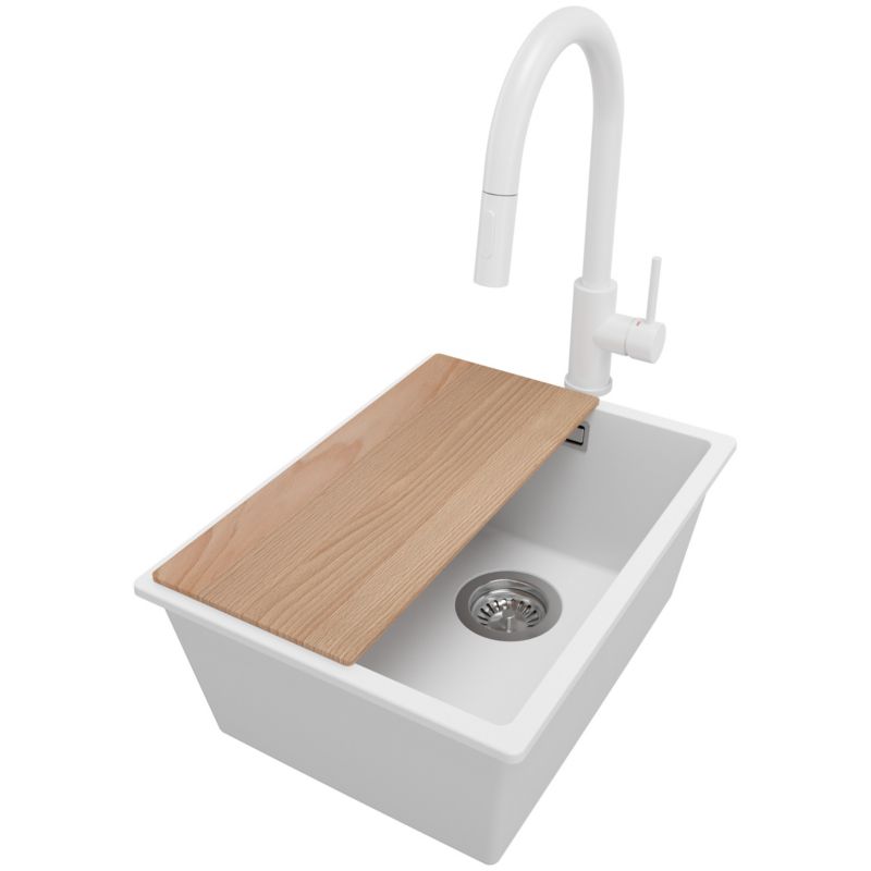 Zlewozmywak Granitowy Londyn Slim PRIMAGRAN Nablatowy 36x47cm do szafki od 40cm z Syfonem i Baterią i Dodatkiem Biały 1 szt.