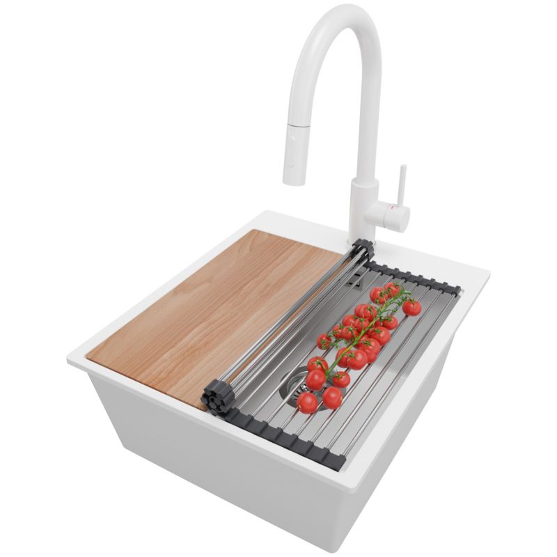Zlewozmywak Granitowy Oslo PRIMAGRAN Nablatowy 43x50cm do szafki od 45cm z Syfonem i Baterią i Dodatkiem Biały 1 szt.