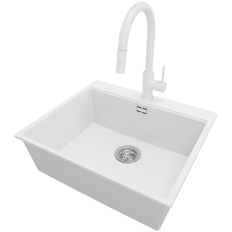 Zlewozmywak Granitowy Oslo PRIMAGRAN Nablatowy 58x50cm do szafki od 60cm z Syfonem i Baterią Biały 1 szt.