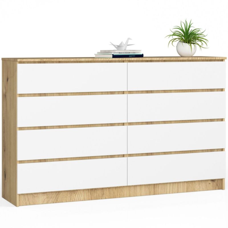 Komoda Akord K160 Dąb Artisan 160 cm 8 szuflad kolor Biały mat 160x40x99 cm 1 szt.
