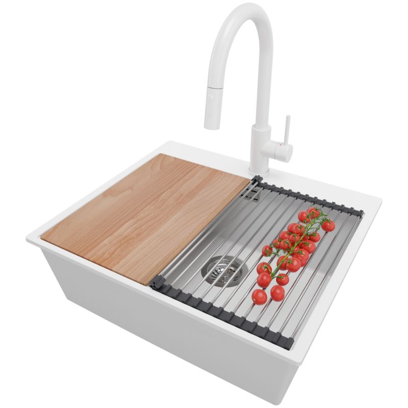 Zlewozmywak Granitowy Oslo PRIMAGRAN Nablatowy 58x50cm do szafki od 60cm z Syfonem i Baterią i Dodatkiem Biały 1 szt.