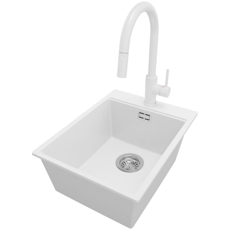 Zlewozmywak Granitowy Oslo PRIMAGRAN Nablatowy 38x50cm do szafki od 40cm z Syfonem i Baterią Biały 1 szt.