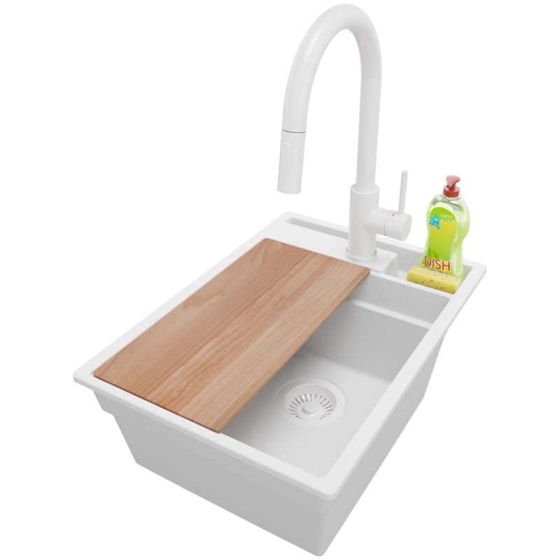 Zlewozmywak Granitowy Oslo Pocket PRIMAGRAN Nablatowy 38x53cm do szafki od 40cm z Syfonem i Baterią i Dodatkiem Cały Biały 1 szt.