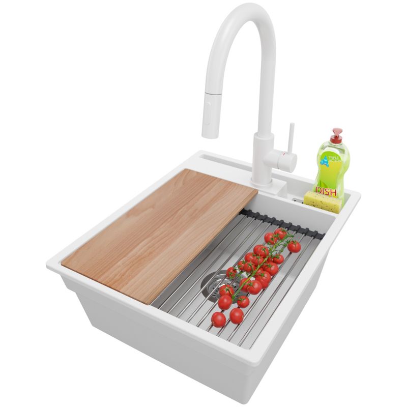 Zlewozmywak Granitowy Oslo Pocket PRIMAGRAN Nablatowy 43x53cm do szafki od 45cm z Syfonem i Baterią i Dodatkiem Biały 1 szt.
