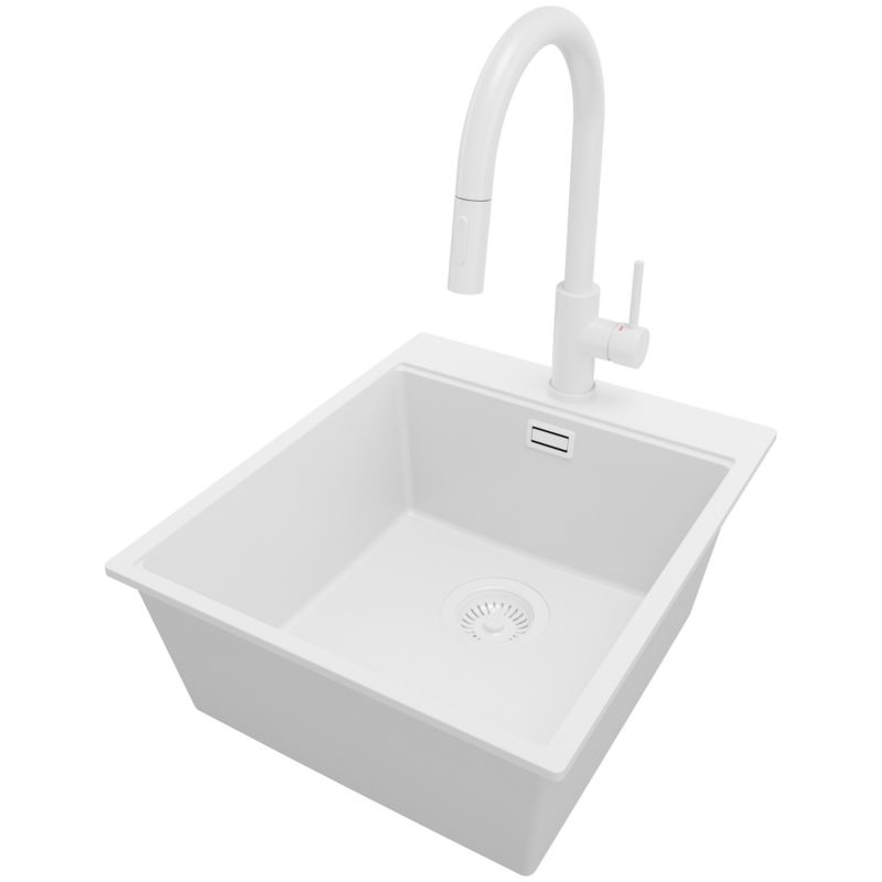 Zlewozmywak Granitowy Oslo PRIMAGRAN Nablatowy 43x50cm do szafki od 45cm z Syfonem i Baterią Cały Biały 1 szt.