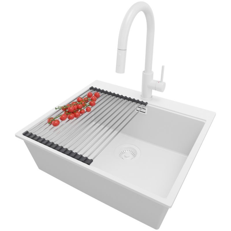 Zlewozmywak Granitowy Oslo PRIMAGRAN Nablatowy 58x50cm do szafki od 60cm z Syfonem i Baterią i Dodatkiem Cały Biały 1 szt.
