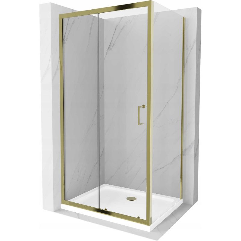 Kabina prysznicowa Mexen Apia rozsuwana 140 x 90 cm transparent złota + brodzik Flat biały