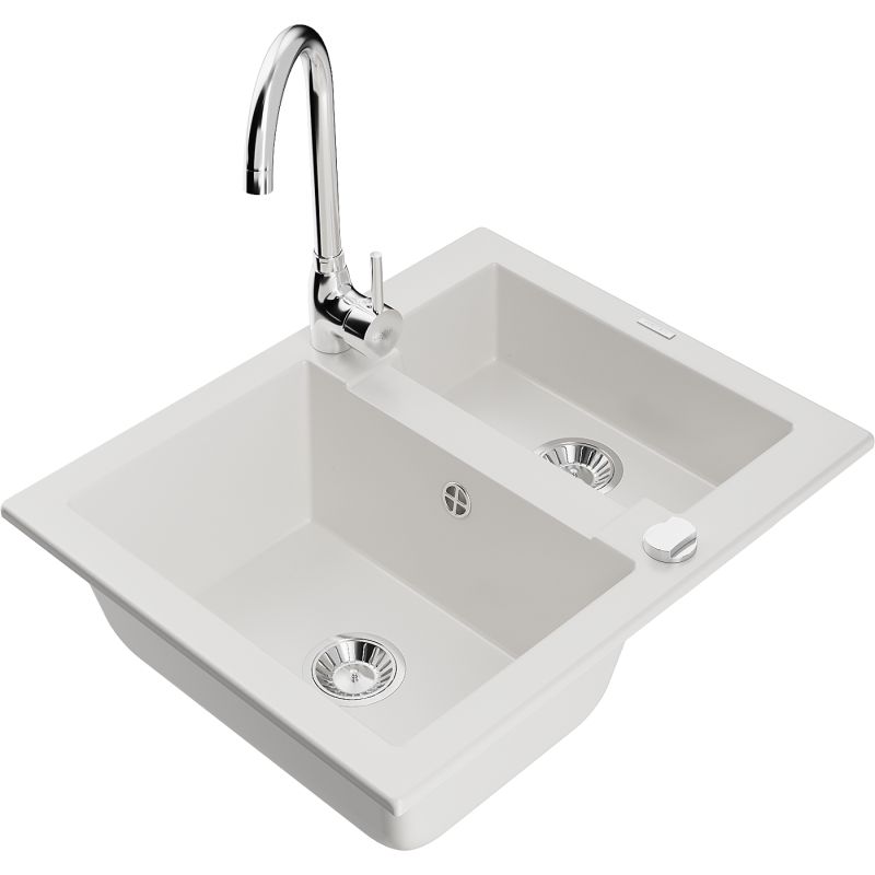 Zlewozmywak granitowy 1.50-komorowy Mexen Carlos z baterią kuchenną Telma biały 6518-20-670200-00 1 szt.