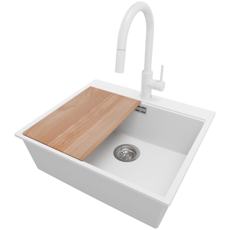 Zlewozmywak Granitowy Oslo PRIMAGRAN Nablatowy 58x50cm do szafki od 60cm z Syfonem i Baterią i Dodatkiem Biały 1 szt.