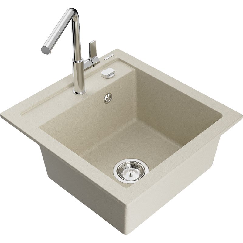 Zlewozmywak granitowy 1-komorowy Mexen Vito z baterią kuchenną Flora beżowy 6503-69-670401-00 1 szt.