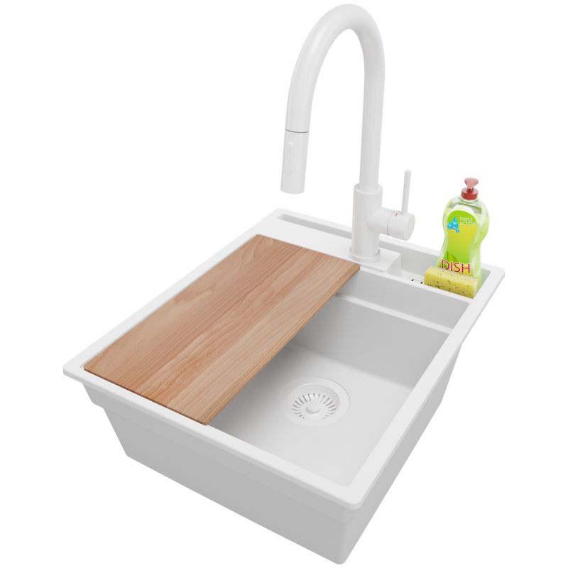 Zlewozmywak Granitowy Oslo Pocket PRIMAGRAN Nablatowy 43x53cm do szafki od 45cm z Syfonem i Baterią i Dodatkiem Cały Biały 1 szt.