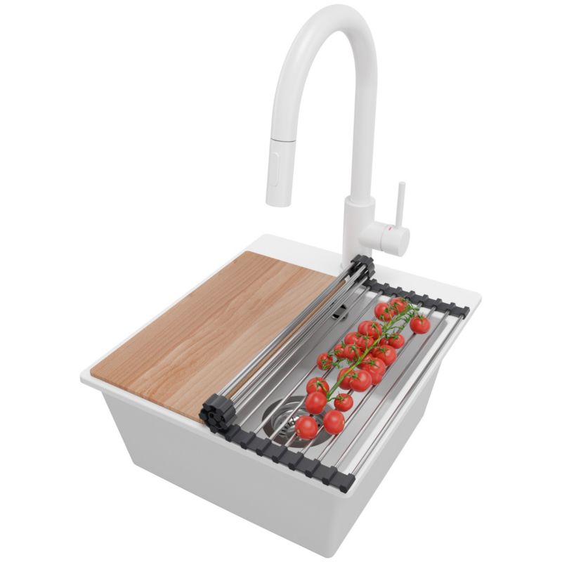 Zlewozmywak Granitowy Ryga Easy PRIMAGRAN Nablatowy 38x44cm do szafki od 40cm z Syfonem i Baterią i Dodatkiem Biały 1 szt.