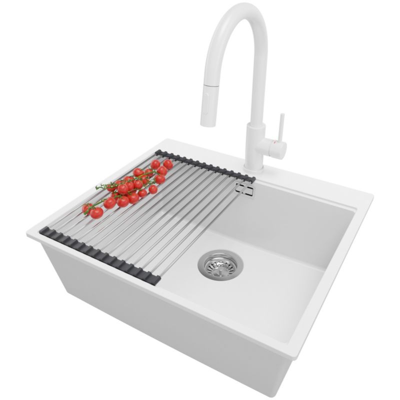 Zlewozmywak Granitowy Oslo PRIMAGRAN Nablatowy 58x50cm do szafki od 60cm z Syfonem i Baterią i Dodatkiem Biały 1 szt.