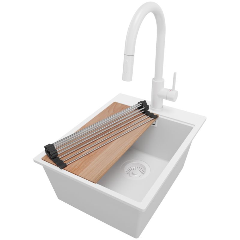 Zlewozmywak Granitowy Oslo PRIMAGRAN Nablatowy 38x50cm do szafki od 40cm z Syfonem i Baterią i Dodatkiem Cały Biały 1 szt.