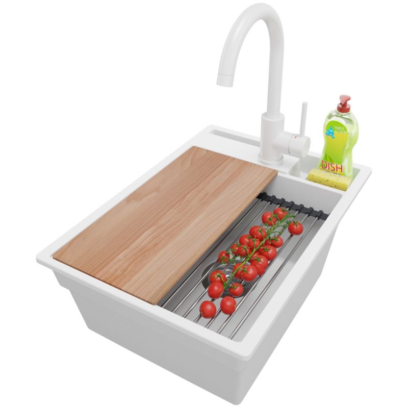 Zlewozmywak Granitowy Oslo Pocket PRIMAGRAN Nablatowy 38x53cm do szafki od 40cm z Syfonem i Baterią i Dodatkiem Biały 1 szt.